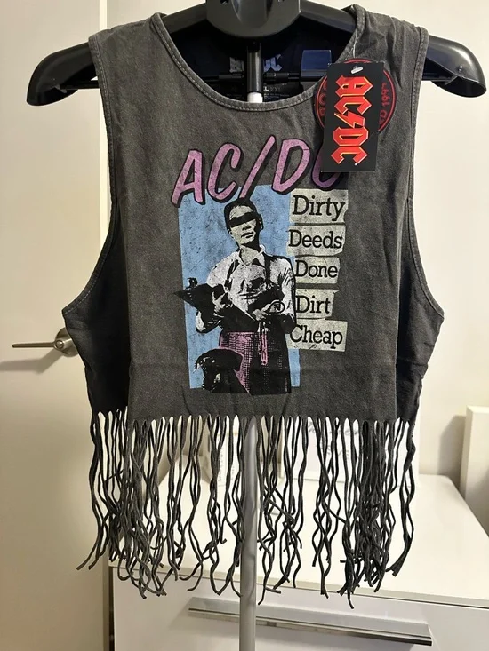 AC/DC XL Black Fringe Tank Top Graphic Vintage Ladies Babydoll Tassel Vest - Picture 1 of 8